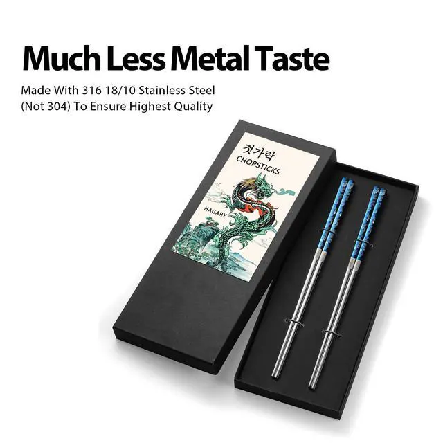 Alt view image 3 of 6 - Dragon Chopsticks Metal Reusable Designed In Korea Japanese Style Stainless Steel 316 18/10 Non-Slip Dishwasher Safe Laser Etched (Blue - 2 Pairs)