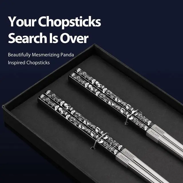 Alt view image 2 of 6 - Panda Black Chopsticks Metal Chopsticks Reusable Designed In Korea Japanese Style Stainless Steel 316 18/10 Non-Slip Dishwasher Safe (Black - 2 Pairs)