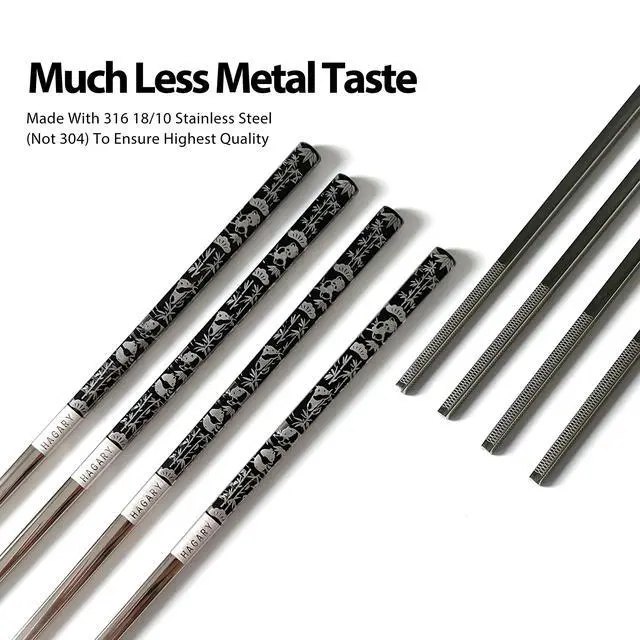 Alt view image 3 of 6 - Panda Black Chopsticks Metal Chopsticks Reusable Designed In Korea Japanese Style Stainless Steel 316 18/10 Non-Slip Dishwasher Safe (Black - 2 Pairs)