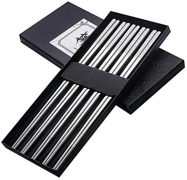 Main image of Metal Chopsticks Reusable Titanium Plated Stainless Steel Japanese Korean for Food & Cooking 9.5Inch Non-Slip for Beginners Square Laser 5 Pairs Gift Set