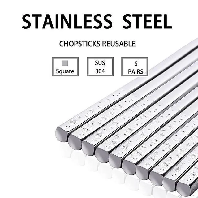 Alt view image 2 of 7 - Metal Chopsticks Reusable Titanium Plated Stainless Steel Japanese Korean for Food & Cooking 9.5Inch Non-Slip for Beginners Square Laser 5 Pairs Gift Set