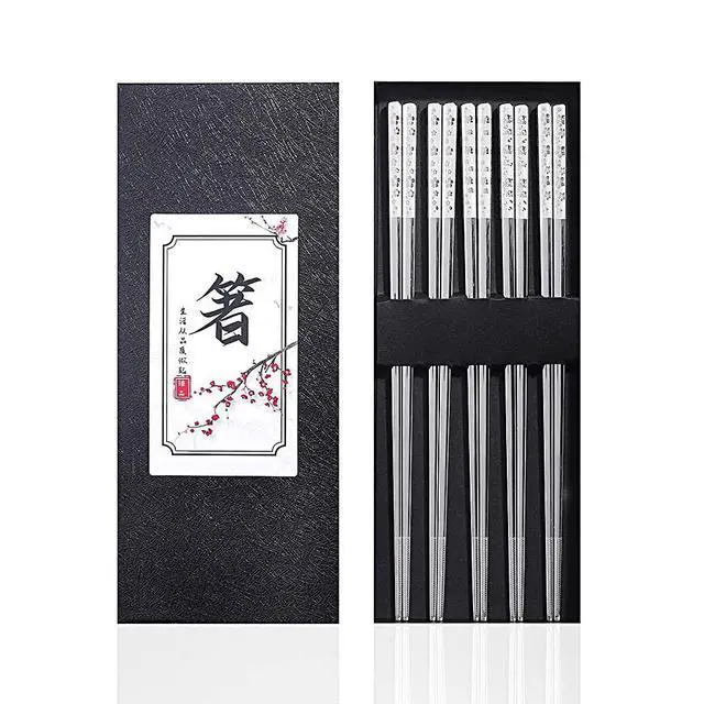 Alt view image 7 of 7 - Metal Chopsticks Reusable Titanium Plated Stainless Steel Japanese Korean for Food & Cooking 9.5Inch Non-Slip for Beginners Square Laser 5 Pairs Gift Set