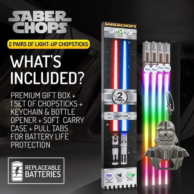 Alt view image 2 of 7 - Lightsaber Chopsticks Light Up STAR WAR LED Reusable 9 Colors 2 PAIRS FREE D Vader Metal Keychain Bottle Opener
