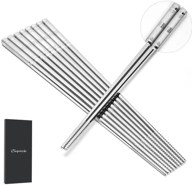 Main image of Premium 304 Stainless Steel Chopsticks Set (5 pair) - Reusable Metal Chopsticks with Laser Etching, Elegant Gift Box, Dishwasher Safe
