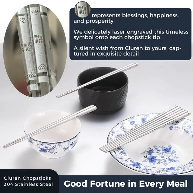 Alt view image 2 of 7 - Premium 304 Stainless Steel Chopsticks Set (5 pair) - Reusable Metal Chopsticks with Laser Etching, Elegant Gift Box, Dishwasher Safe