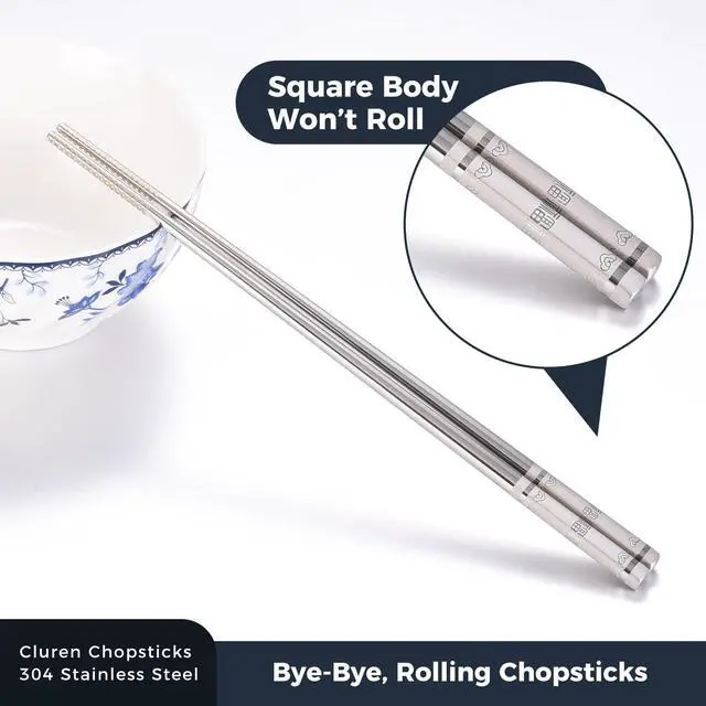 Alt view image 3 of 7 - Premium 304 Stainless Steel Chopsticks Set (5 pair) - Reusable Metal Chopsticks with Laser Etching, Elegant Gift Box, Dishwasher Safe