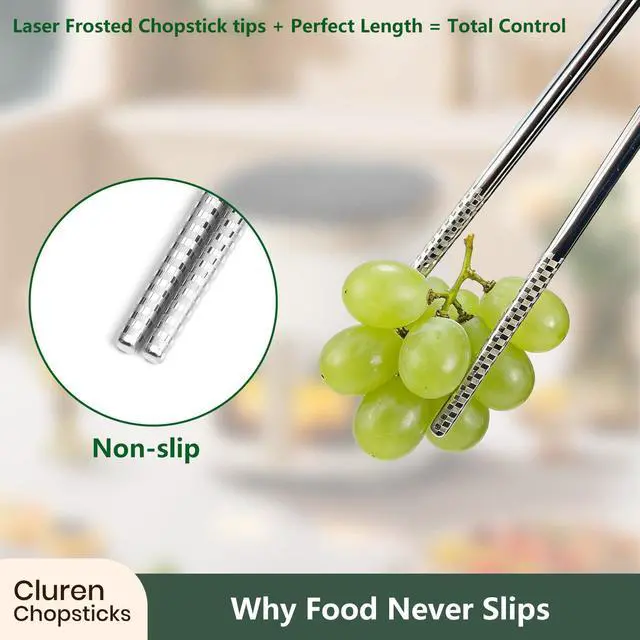 Alt view image 4 of 7 - Premium 304 Stainless Steel Chopsticks Set (5 pair) - Reusable Metal Chopsticks with Laser Etching, Elegant Gift Box, Dishwasher Safe