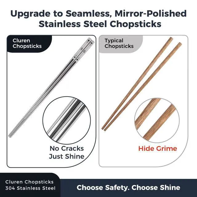 Alt view image 5 of 7 - Premium 304 Stainless Steel Chopsticks Set (5 pair) - Reusable Metal Chopsticks with Laser Etching, Elegant Gift Box, Dishwasher Safe