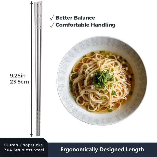 Alt view image 7 of 7 - Premium 304 Stainless Steel Chopsticks Set (5 pair) - Reusable Metal Chopsticks with Laser Etching, Elegant Gift Box, Dishwasher Safe