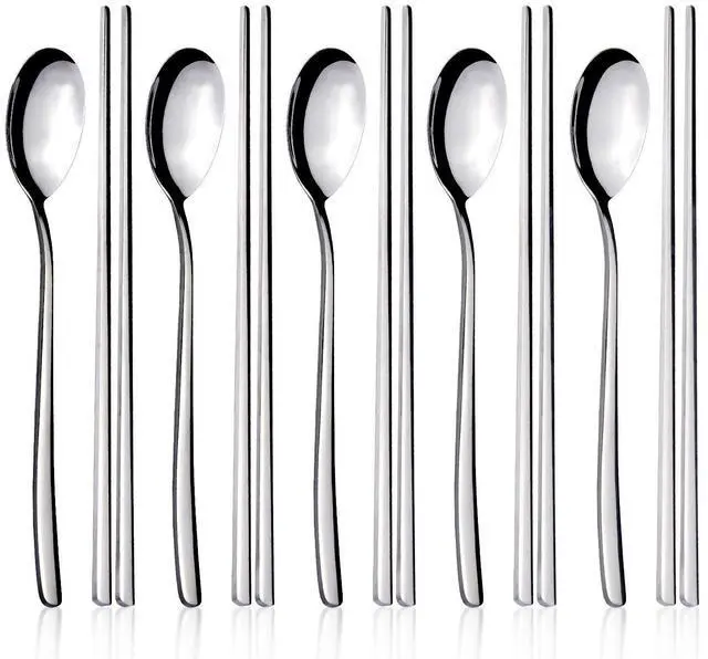 Main image of Spoons and Chopsticks Set, 5 Pairs Stainless Steel Flat Chopsticks, 5 Set Korean Spoons, Metal Reusable Chop Sticks Dishwasher Safe for Home, Kitchen or Restaurant