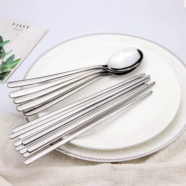 Alt view image 2 of 7 - Spoons and Chopsticks Set, 5 Pairs Stainless Steel Flat Chopsticks, 5 Set Korean Spoons, Metal Reusable Chop Sticks Dishwasher Safe for Home, Kitchen or Restaurant