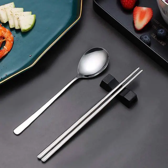 Alt view image 4 of 7 - Spoons and Chopsticks Set, 5 Pairs Stainless Steel Flat Chopsticks, 5 Set Korean Spoons, Metal Reusable Chop Sticks Dishwasher Safe for Home, Kitchen or Restaurant