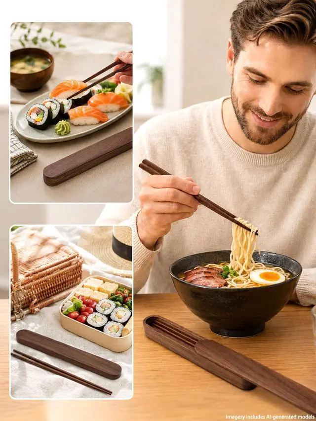 Alt view image 2 of 7 - Walnut Chopsticks Reusable, Wooden Chopsticks with Storage Case, Portable Classic Chinese Japanese Wood Chopstick, Dinnerware for Travel Dinner