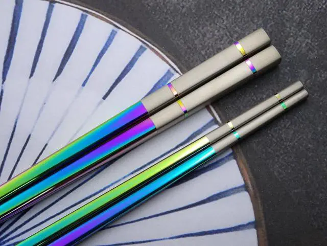 Alt view image 3 of 7 - Metal Chopsticks Reusable, 5 Pairs - Rainbow Iridescent Holographic Stainless Steel Chopsticks - Dishwasher Safe, Non-Slip, Extra Long 9" - Multicolor Japanese Sushi Gift Set