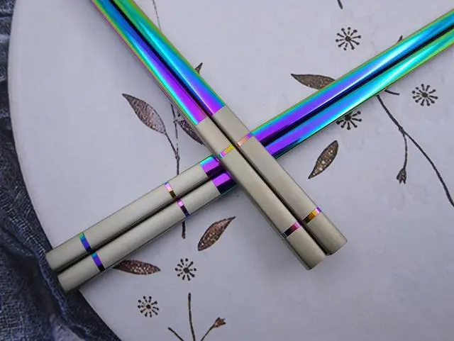Alt view image 4 of 7 - Metal Chopsticks Reusable, 5 Pairs - Rainbow Iridescent Holographic Stainless Steel Chopsticks - Dishwasher Safe, Non-Slip, Extra Long 9" - Multicolor Japanese Sushi Gift Set