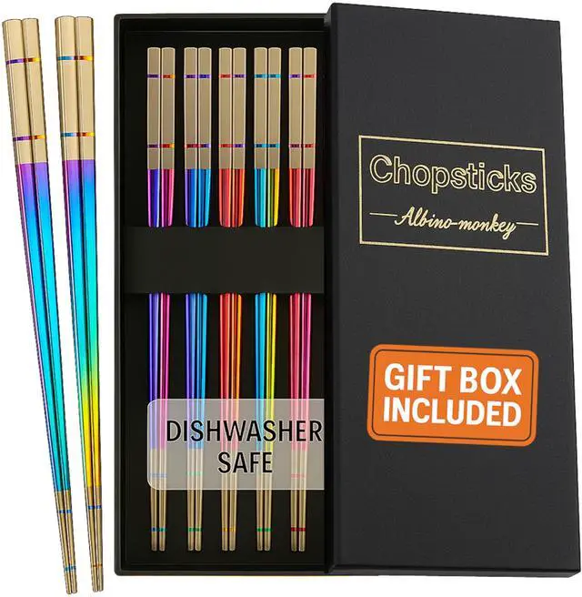 Main image of Metal Chopsticks Reusable, 5 Pairs - Rainbow Iridescent Holographic Stainless Steel Chopsticks - Dishwasher Safe, Non-Slip, Extra Long 9" - Multicolor Japanese Sushi Gift Set