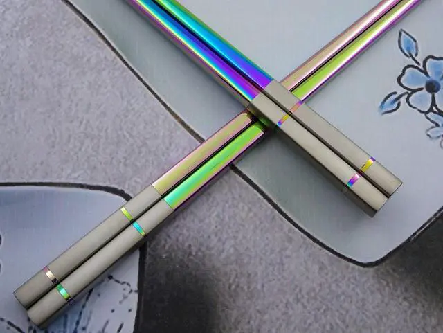 Alt view image 6 of 7 - Metal Chopsticks Reusable, 5 Pairs - Rainbow Iridescent Holographic Stainless Steel Chopsticks - Dishwasher Safe, Non-Slip, Extra Long 9" - Multicolor Japanese Sushi Gift Set