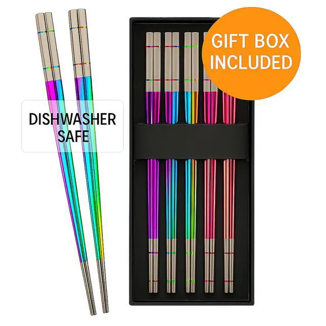 Alt view image 5 of 7 - Metal Chopsticks Reusable, 5 Pairs - Rainbow Iridescent Holographic Stainless Steel Chopsticks - Dishwasher Safe, Non-Slip, Extra Long 9" - Multicolor Japanese Sushi Gift Set
