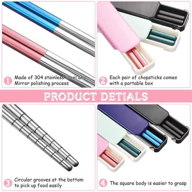 Alt view image 3 of 7 - 4 Pairs Portable Chopsticks with Case Metal Stainless Steel Chopsticks Reusable Portable Utensil for Travel, Office Lunch & Holiday Gift for Friends & Family