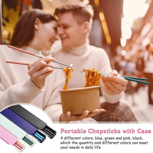 Alt view image 4 of 7 - 4 Pairs Portable Chopsticks with Case Metal Stainless Steel Chopsticks Reusable Portable Utensil for Travel, Office Lunch & Holiday Gift for Friends & Family