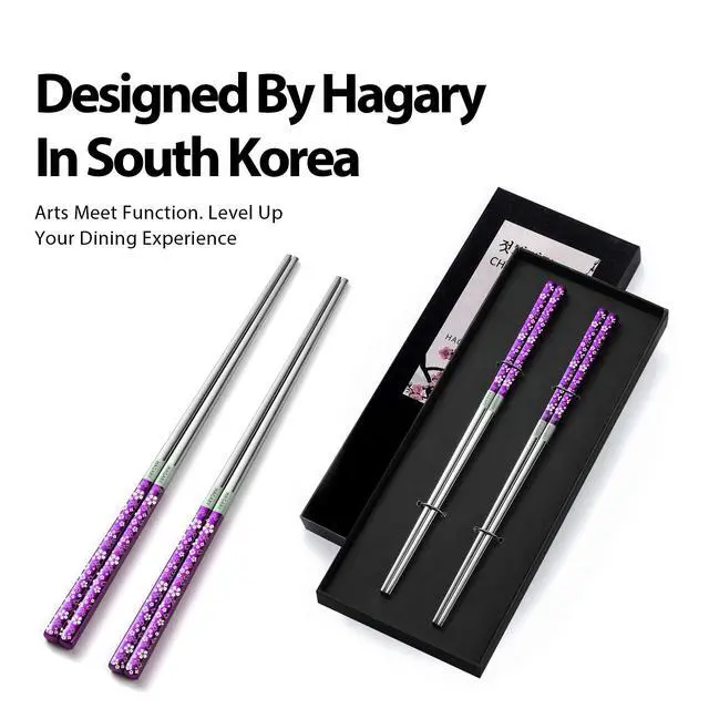 Alt view image 3 of 6 - Cherry Blossom Rainbow Chopsticks Metal Chopsticks Reusable Designed In Korea Japanese Style Stainless Steel 316 18/10 Non-Slip Dishwasher Safe (Purple - 2 pairs)