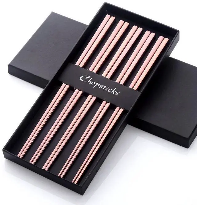 Main image of 5-Pair Stainless Steel Chopsticks - Reusable Rose Gold Chinese Square Chopsticks