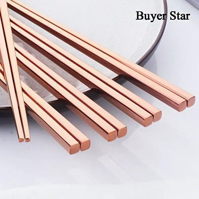 Alt view image 2 of 7 - 5-Pair Stainless Steel Chopsticks - Reusable Rose Gold Chinese Square Chopsticks