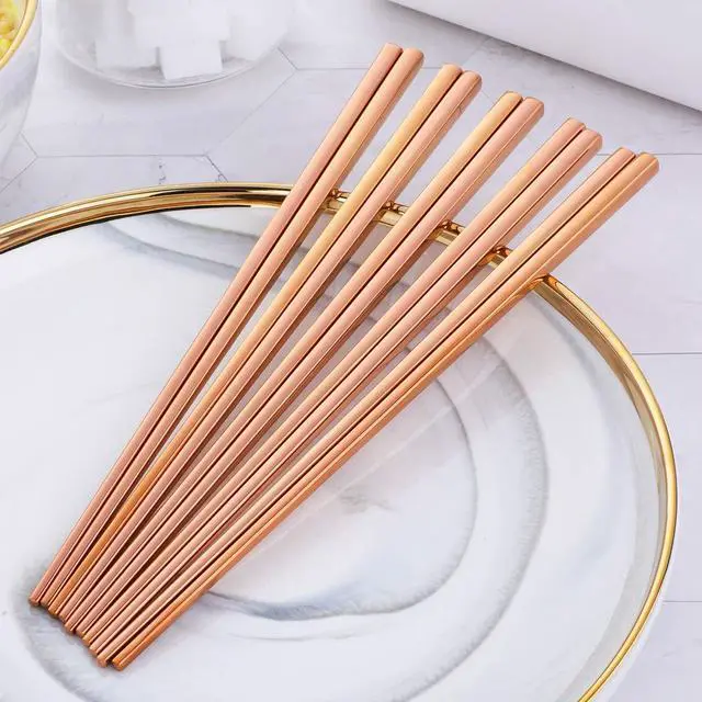 Alt view image 3 of 7 - 5-Pair Stainless Steel Chopsticks - Reusable Rose Gold Chinese Square Chopsticks