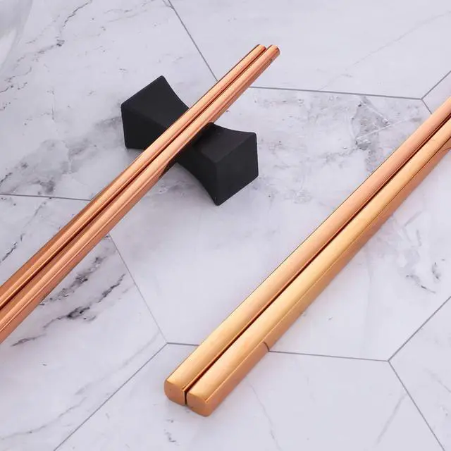 Alt view image 4 of 7 - 5-Pair Stainless Steel Chopsticks - Reusable Rose Gold Chinese Square Chopsticks