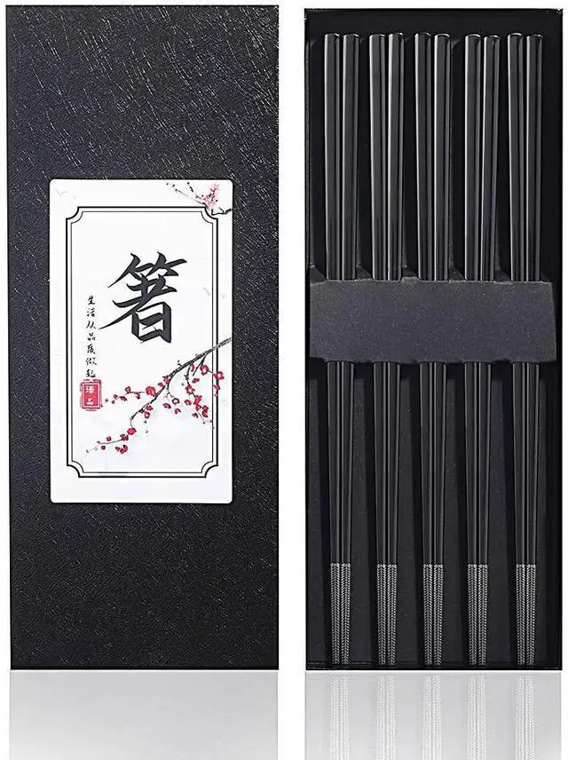 Main image of Metal Chopsticks Reusable Black Titanium Plated Stainless Steel Chopstick Dishwasher Safe Chop Sticks Japanese Korean Square Chopsticks 9.5Inches Non-Slip for Beginners Food Cooking 5 pairs Gift Set