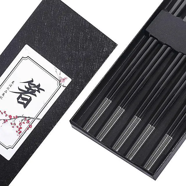 Alt view image 3 of 7 - Metal Chopsticks Reusable Black Titanium Plated Stainless Steel Chopstick Dishwasher Safe Chop Sticks Japanese Korean Square Chopsticks 9.5Inches Non-Slip for Beginners Food Cooking 5 pairs Gift Set