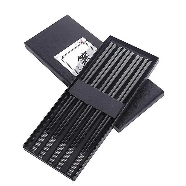 Alt view image 2 of 7 - Metal Chopsticks Reusable Black Titanium Plated Stainless Steel Chopstick Dishwasher Safe Chop Sticks Japanese Korean Square Chopsticks 9.5Inches Non-Slip for Beginners Food Cooking 5 pairs Gift Set