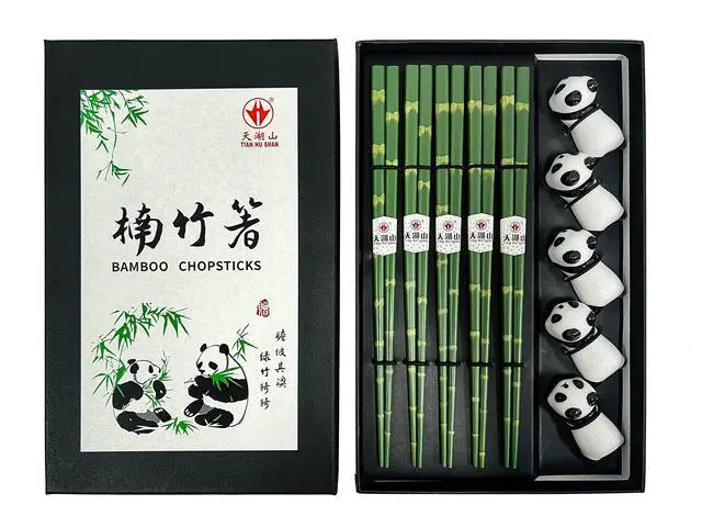 Alt view image 2 of 7 - Wooden Chopsticks Reusable 5 Pairs Gift Set with 5pcs porcelain rest Panda and Green Bamboo Design Hand-Made 8.8 Inch/22.5cm