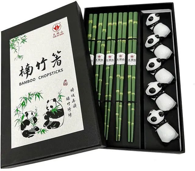 Main image of Wooden Chopsticks Reusable 5 Pairs Gift Set with 5pcs porcelain rest Panda and Green Bamboo Design Hand-Made 8.8 Inch/22.5cm