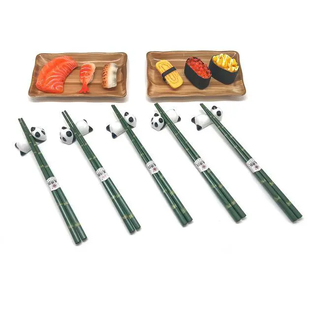 Alt view image 3 of 7 - Wooden Chopsticks Reusable 5 Pairs Gift Set with 5pcs porcelain rest Panda and Green Bamboo Design Hand-Made 8.8 Inch/22.5cm