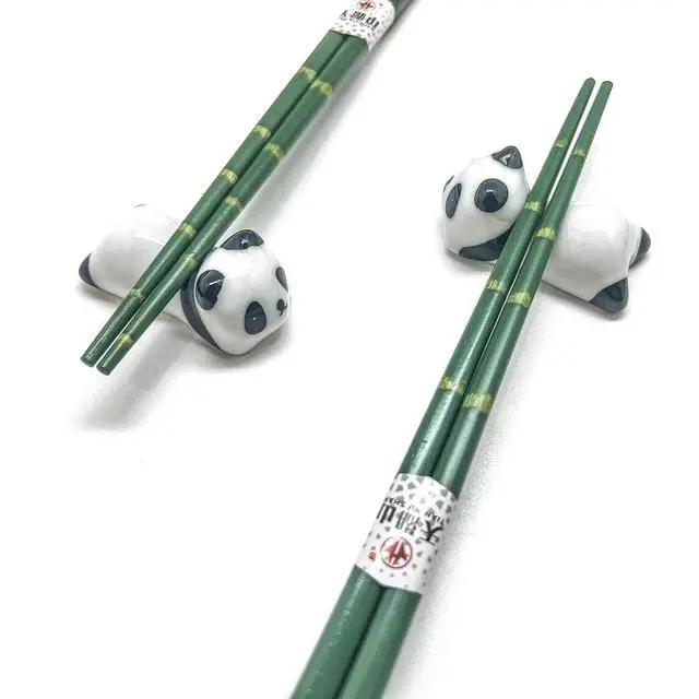 Alt view image 5 of 7 - Wooden Chopsticks Reusable 5 Pairs Gift Set with 5pcs porcelain rest Panda and Green Bamboo Design Hand-Made 8.8 Inch/22.5cm