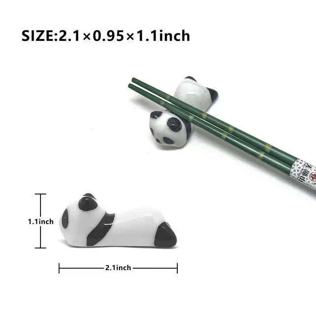 Alt view image 7 of 7 - Wooden Chopsticks Reusable 5 Pairs Gift Set with 5pcs porcelain rest Panda and Green Bamboo Design Hand-Made 8.8 Inch/22.5cm