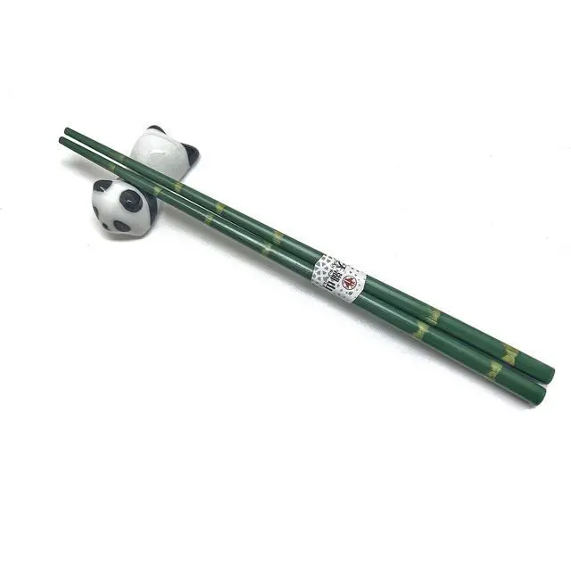 Alt view image 4 of 7 - Wooden Chopsticks Reusable 5 Pairs Gift Set with 5pcs porcelain rest Panda and Green Bamboo Design Hand-Made 8.8 Inch/22.5cm