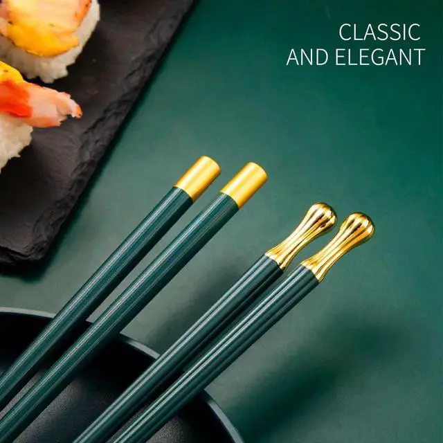 Alt view image 4 of 6 - Modern Design Chopsticks - Reusable, Dishwasher Safe, Non-Slip Fiberglass, Golden and Lucky Green Multi Style, 5 Pairs, 9.5in/24cm, Great for Chinese, Japanese, Korean Cuisine