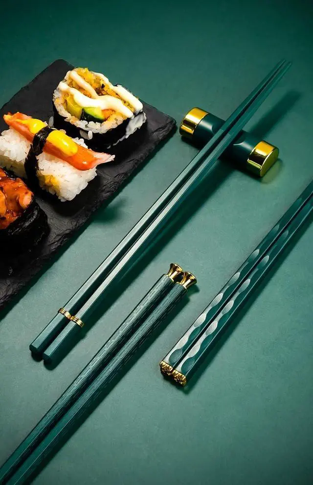 Alt view image 5 of 6 - Modern Design Chopsticks - Reusable, Dishwasher Safe, Non-Slip Fiberglass, Golden and Lucky Green Multi Style, 5 Pairs, 9.5in/24cm, Great for Chinese, Japanese, Korean Cuisine