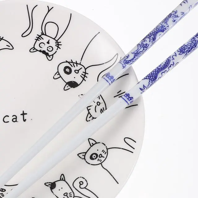 Alt view image 4 of 7 - 10 Pairs Ceramic Chopsticks Blue and White Porcelain Dinner Utensils Skid Resistant Dishwasher Safe Multi-Function Home Kitchen Dining