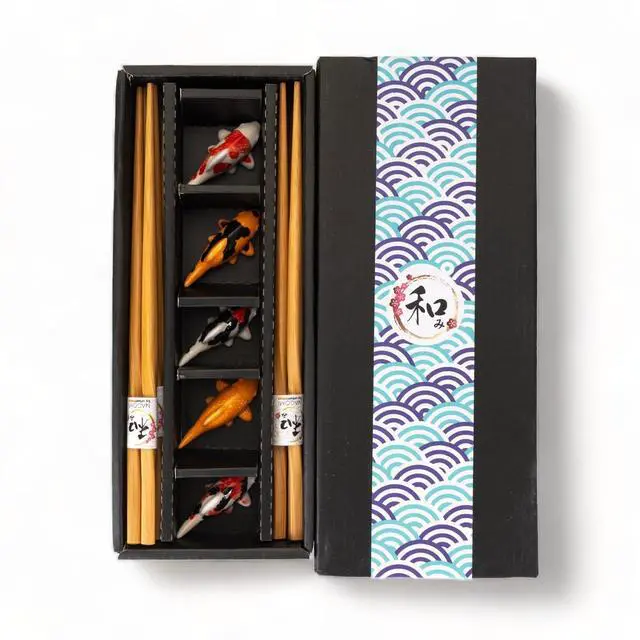 Alt view image 2 of 7 - 5 Pair Japanese Asian Bamboo Chopsticks Set with Ceramic Koi Fishes Rest In Gift Box