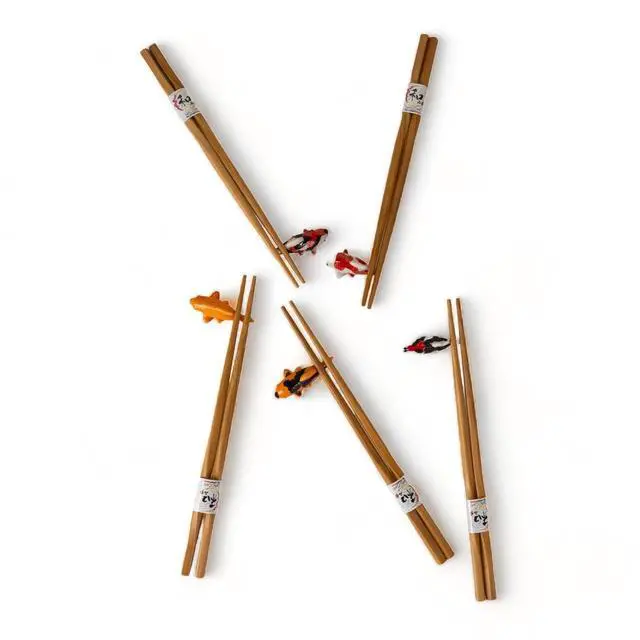 Alt view image 5 of 7 - 5 Pair Japanese Asian Bamboo Chopsticks Set with Ceramic Koi Fishes Rest In Gift Box