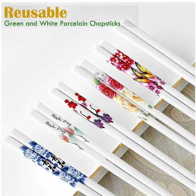 Alt view image 4 of 7 - Reusable Ceramic Chopsticks, Green Leave, 5 Pairs