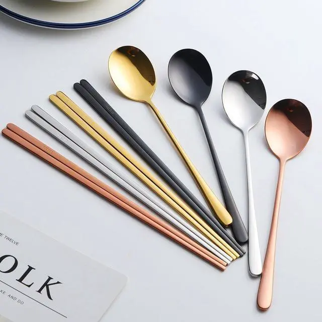 Alt view image 2 of 7 - 4 Set Chopsticks Spoon Set, 4 Color Reusable Metal Stainless Steel Korean Chopstix Spoon Set Christmas Gift