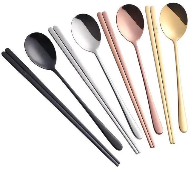 Main image of 4 Set Chopsticks Spoon Set, 4 Color Reusable Metal Stainless Steel Korean Chopstix Spoon Set Christmas Gift