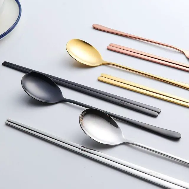 Alt view image 3 of 7 - 4 Set Chopsticks Spoon Set, 4 Color Reusable Metal Stainless Steel Korean Chopstix Spoon Set Christmas Gift