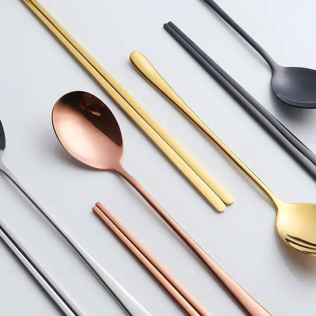Alt view image 4 of 7 - 4 Set Chopsticks Spoon Set, 4 Color Reusable Metal Stainless Steel Korean Chopstix Spoon Set Christmas Gift