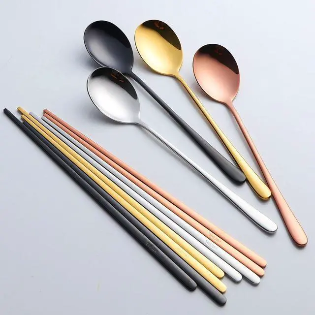 Alt view image 5 of 7 - 4 Set Chopsticks Spoon Set, 4 Color Reusable Metal Stainless Steel Korean Chopstix Spoon Set Christmas Gift
