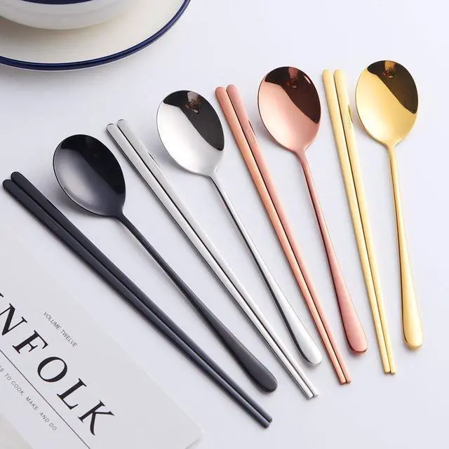 Alt view image 6 of 7 - 4 Set Chopsticks Spoon Set, 4 Color Reusable Metal Stainless Steel Korean Chopstix Spoon Set Christmas Gift